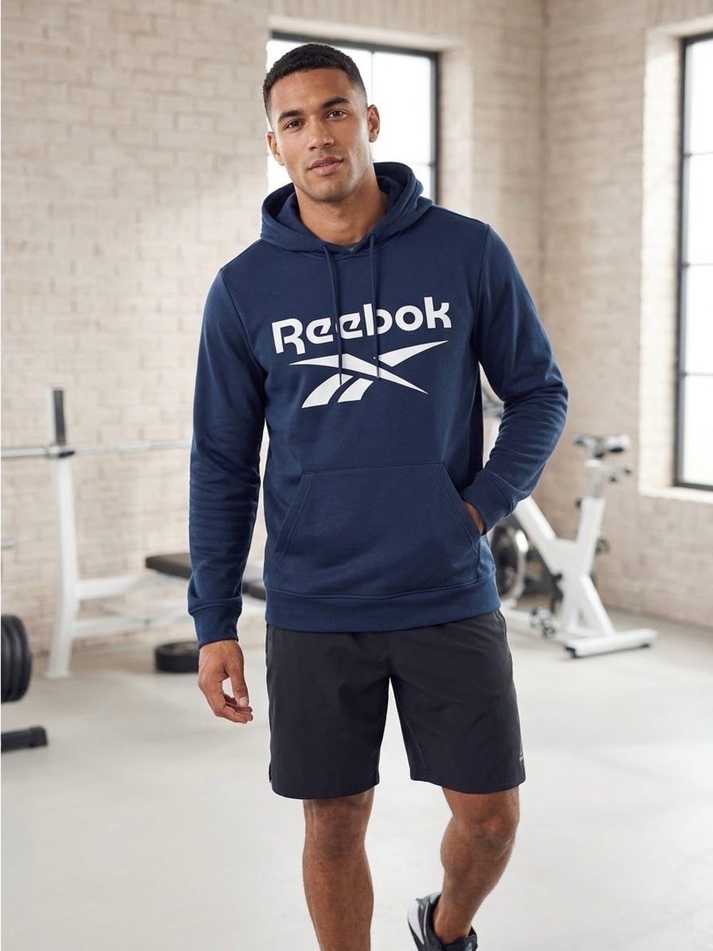 Reebok Men’s Navy Blue Logo Graphic Pullover Hoodie Sweatshirt Size M